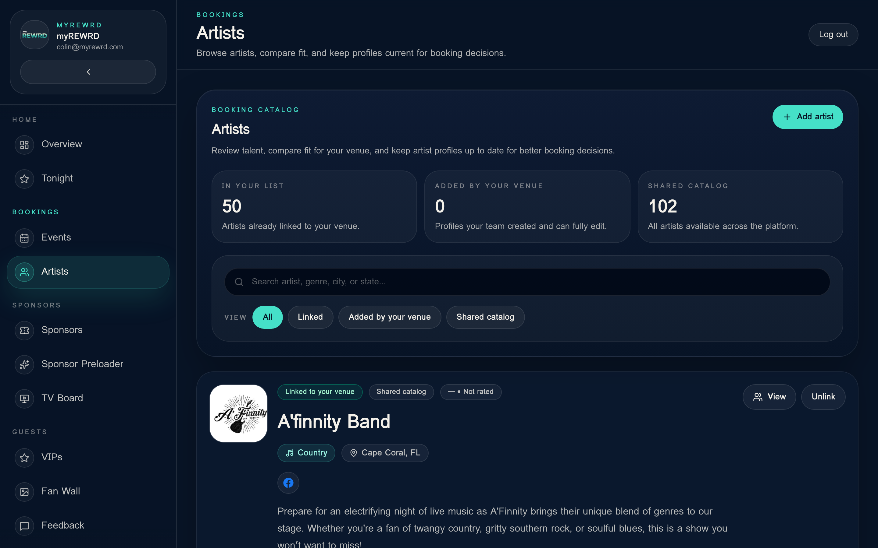 myREWRD artist catalog showing artist profiles and details
