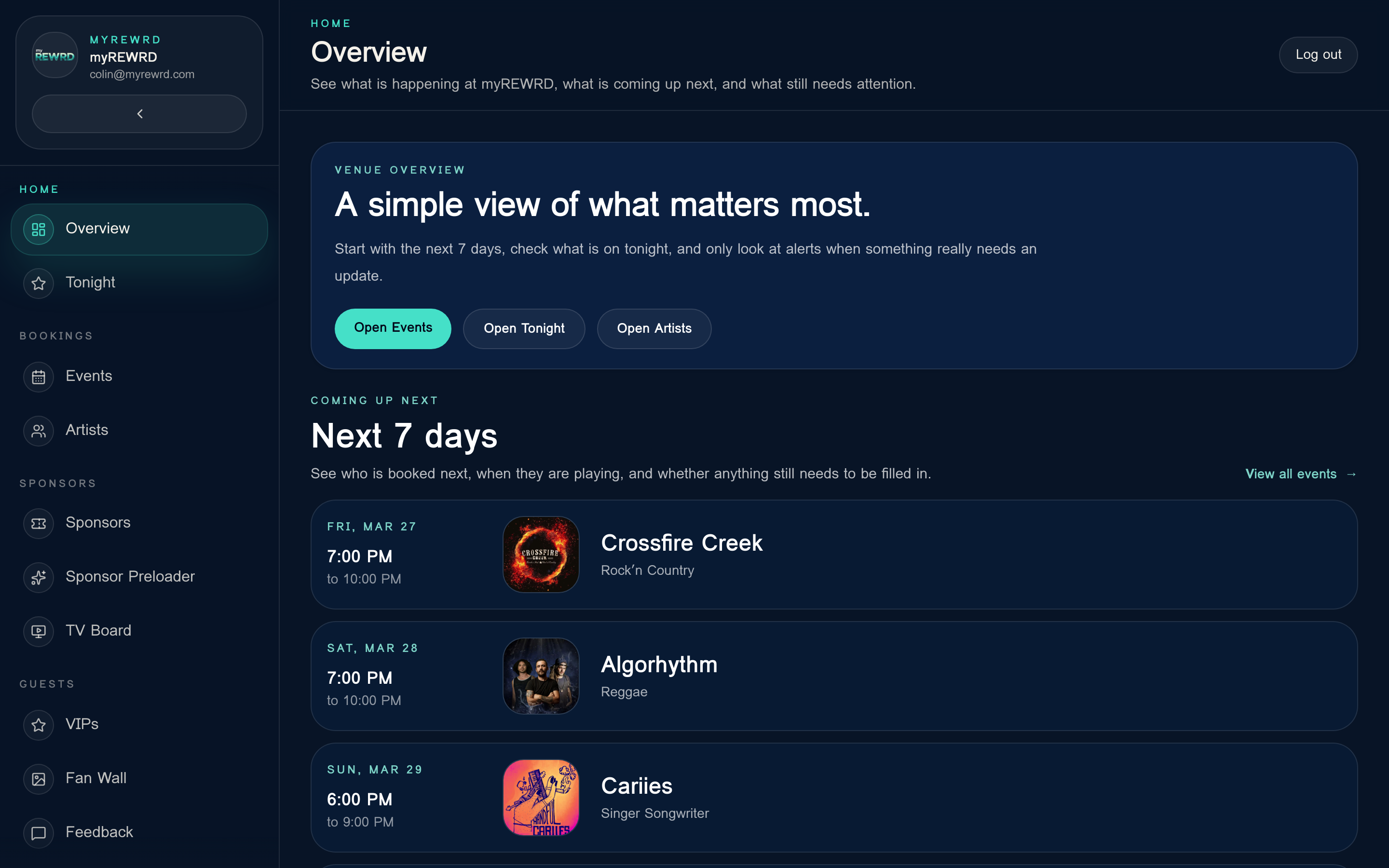 myREWRD dashboard overview showing the next 7 days