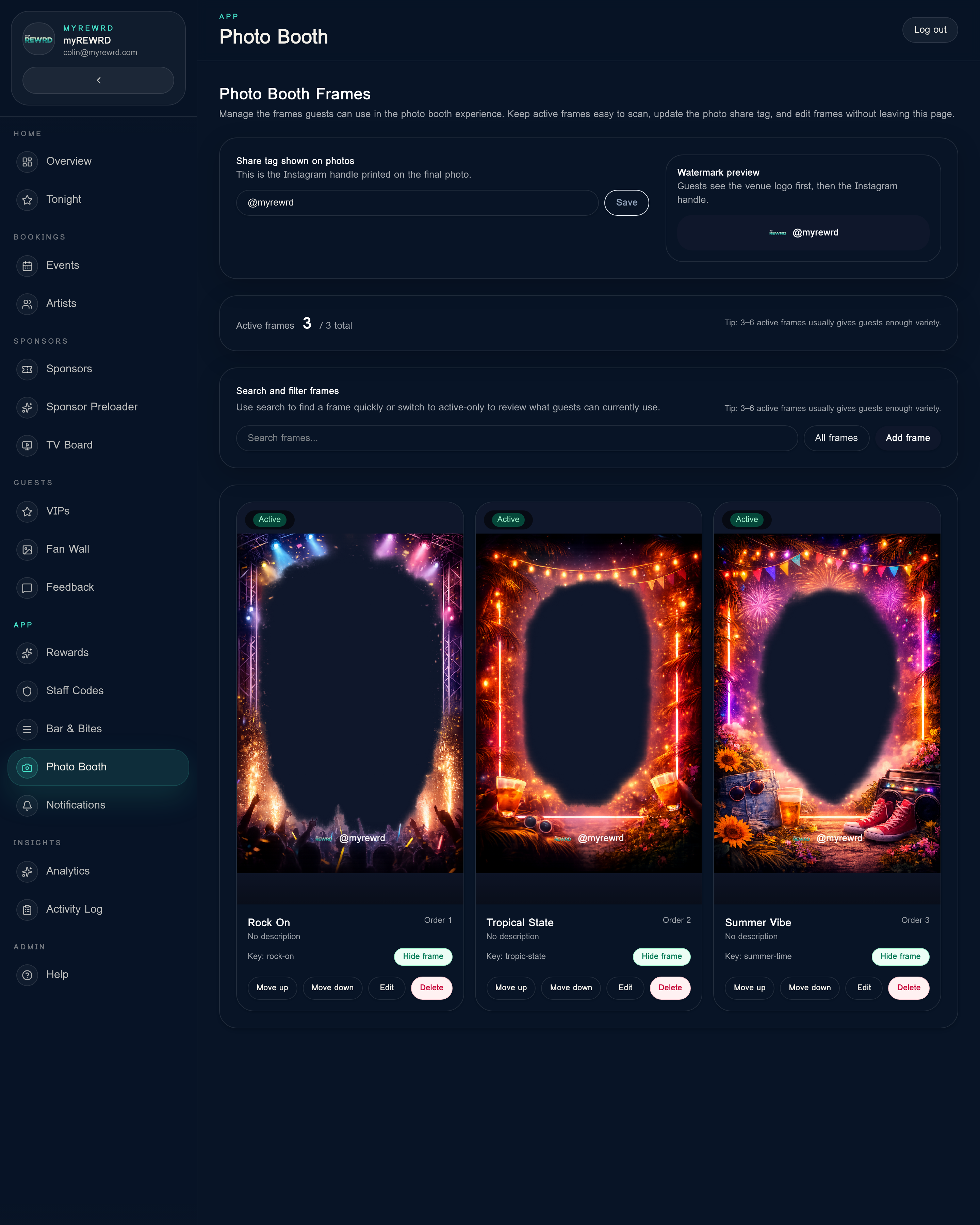 myREWRD Photo Booth showing branded frames guests can use